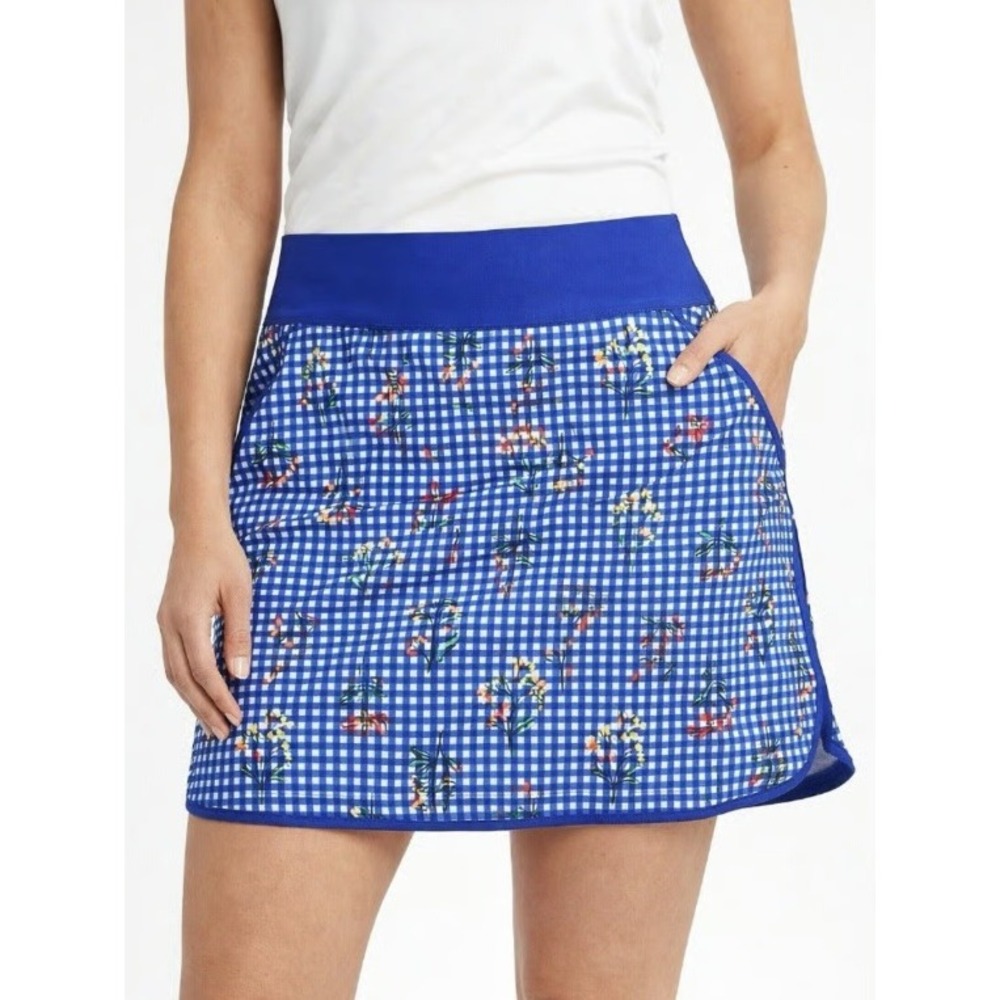 Lands End Swim Skirt Size 8 Blue Gingham Floral Attached Shorts Swimsuit Bottom